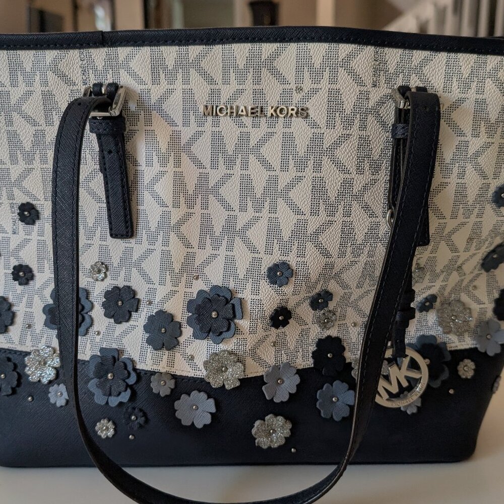 Authentic Michael Kors Blue Leather Handbag with Flower Motif